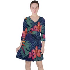 Colorful Flowers Quarter Sleeve Ruffle Waist Dress by HWDesign