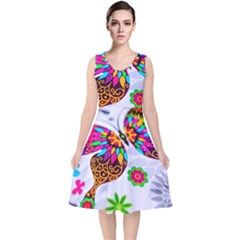 Butterfly-b 001 V-neck Midi Sleeveless Dress 