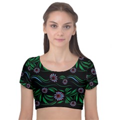 Folk Flowers Print Floral Pattern Ethnic Art Velvet Short Sleeve Crop Top  by Eskimos