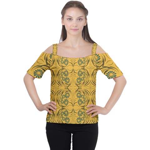 Folk Flowers Print Floral Pattern Ethnic Art Cutout Shoulder Tee by Eskimos