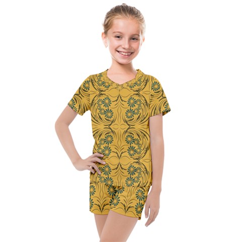 Folk Flowers Print Floral Pattern Ethnic Art Kids  Mesh Tee And Shorts Set by Eskimos