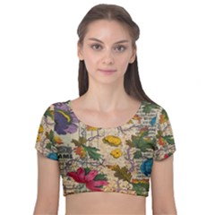 Flowers-b 003 Velvet Short Sleeve Crop Top  by nate14shop