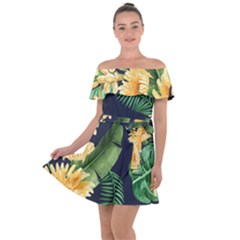 Sea Of Yellow Flowers Off Shoulder Velour Dress by HWDesign