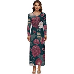 Magic Of Roses Long Sleeve Velour Longline Maxi Dress by HWDesign