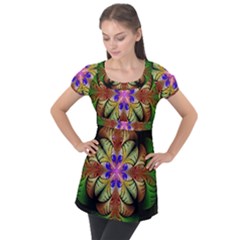 Fractal-abstract-flower-floral- -- Puff Sleeve Tunic Top