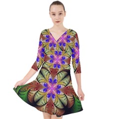 Fractal-abstract-flower-floral- -- Quarter Sleeve Front Wrap Dress