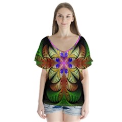 Fractal-abstract-flower-floral- -- V-neck Flutter Sleeve Top