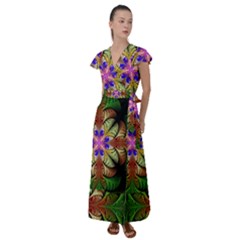 Fractal-abstract-flower-floral- -- Flutter Sleeve Maxi Dress