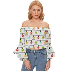 Christmas-light-bulbs-seamless-pattern-colorful-xmas-garland Off Shoulder Flutter Bell Sleeve Top by nate14shop