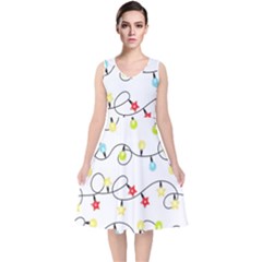 Christmas-light-bulbs-seamless-pattern-colorful-xmas-garland,white V-neck Midi Sleeveless Dress  by nate14shop