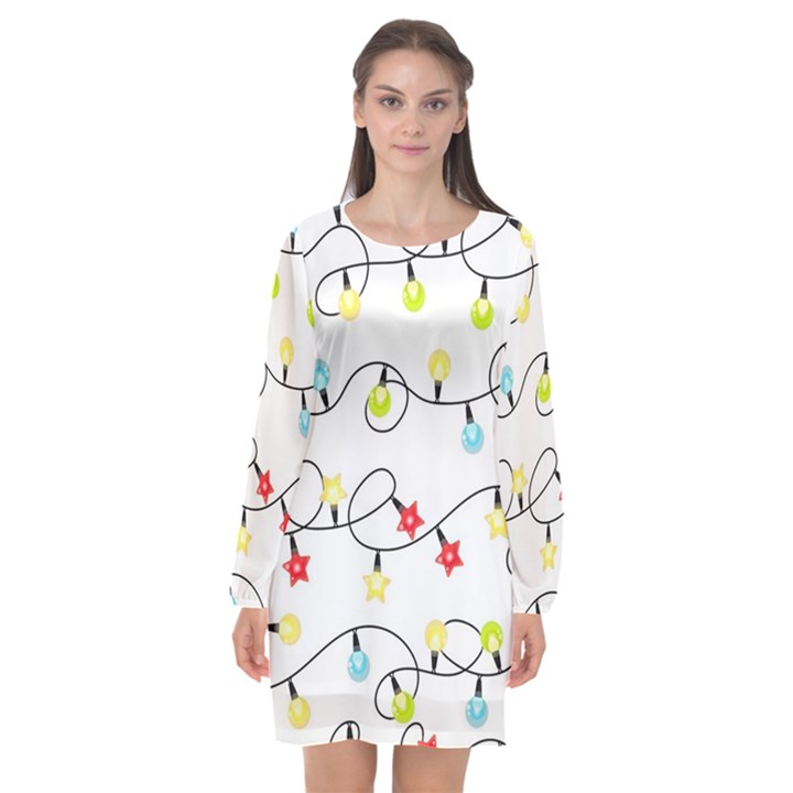 Christmas-light-bulbs-seamless-pattern-colorful-xmas-garland,white Long Sleeve Chiffon Shift Dress 
