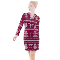 Christmas-seamless-knitted-pattern-background 001 Button Long Sleeve Dress by nate14shop