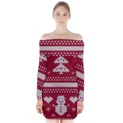 Christmas-seamless-knitted-pattern-background 001 Long Sleeve Off Shoulder Dress by nate14shop