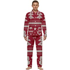 Christmas-seamless-knitted-pattern-background 001 Men s Long Sleeve Velvet Pocket Pajamas Set