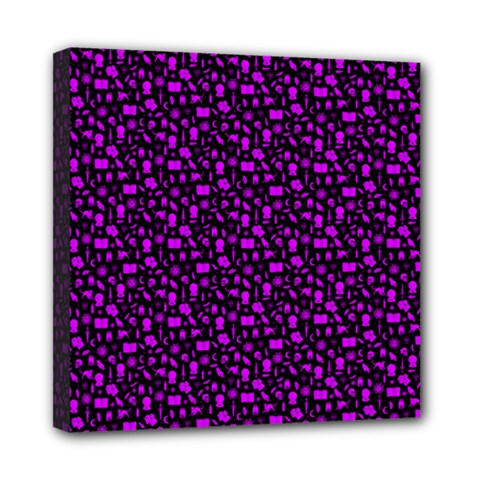 Small Bright Dayglo Purple Halloween Motifs Skulls, Spells & Cats On Spooky Black Mini Canvas 8  X 8  (stretched) by PodArtist