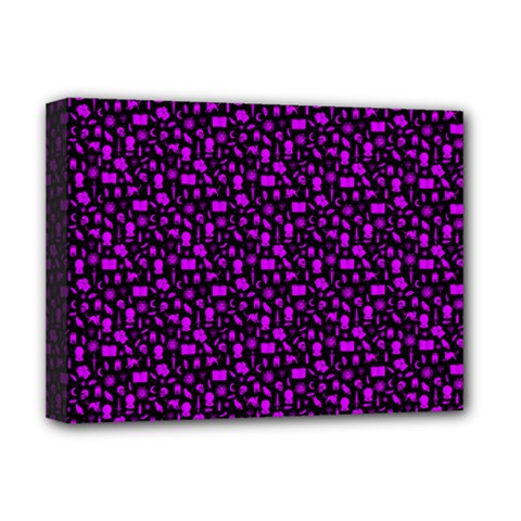 Small Bright Dayglo Purple Halloween Motifs Skulls, Spells & Cats On Spooky Black Deluxe Canvas 16  X 12  (stretched)  by PodArtist