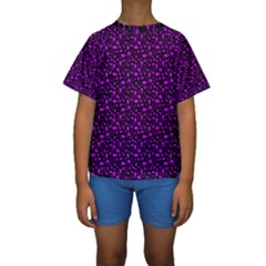 Small Bright Dayglo Purple Halloween Motifs Skulls, Spells & Cats On Spooky Black Kids  Short Sleeve Swimwear by PodArtist