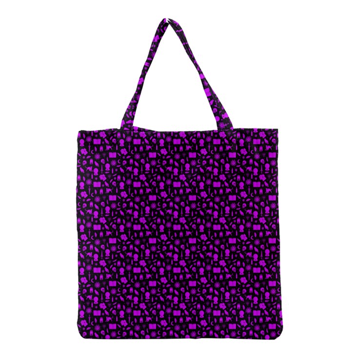 Small Bright Dayglo Purple Halloween Motifs Skulls, Spells & Cats On Spooky Black Grocery Tote Bag