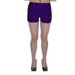 Small Bright Dayglo Purple Halloween Motifs Skulls, Spells & Cats On Spooky Black Skinny Shorts by PodArtist