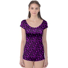 Small Bright Dayglo Purple Halloween Motifs Skulls, Spells & Cats On Spooky Black Boyleg Leotard  by PodArtist