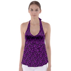 Small Bright Dayglo Purple Halloween Motifs Skulls, Spells & Cats On Spooky Black Babydoll Tankini Top by PodArtist