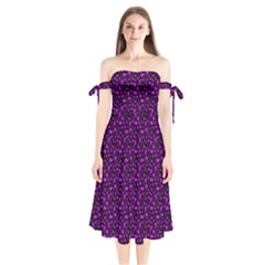 Small Bright Dayglo Purple Halloween Motifs Skulls, Spells & Cats On Spooky Black Shoulder Tie Bardot Midi Dress by PodArtist