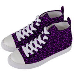 Small Bright Dayglo Purple Halloween Motifs Skulls, Spells & Cats On Spooky Black Women s Mid-top Canvas Sneakers by PodArtist