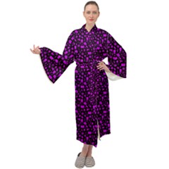 Small Bright Dayglo Purple Halloween Motifs Skulls, Spells & Cats On Spooky Black Maxi Velour Kimono by PodArtist