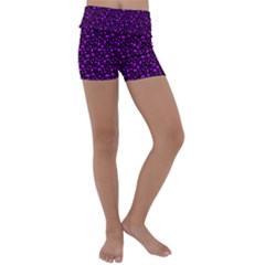 Small Bright Dayglo Purple Halloween Motifs Skulls, Spells & Cats On Spooky Black Kids  Lightweight Velour Yoga Shorts by PodArtist