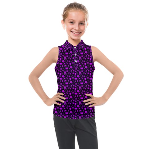 Small Bright Dayglo Purple Halloween Motifs Skulls, Spells & Cats On Spooky Black Kids  Sleeveless Polo Tee by PodArtist