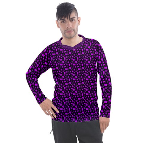 Small Bright Dayglo Purple Halloween Motifs Skulls, Spells & Cats On Spooky Black Men s Pique Long Sleeve Tee by PodArtist