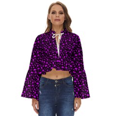 Small Bright Dayglo Purple Halloween Motifs Skulls, Spells & Cats On Spooky Black Boho Long Bell Sleeve Top by PodArtist