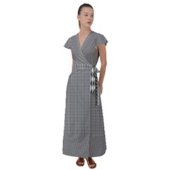 Small Soot Black And White Handpainted Houndstooth Check Watercolor Pattern Flutter Sleeve Maxi Dress by PodArtist