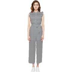 Small Soot Black And White Handpainted Houndstooth Check Watercolor Pattern Women s Frill Top Chiffon Jumpsuit by PodArtist