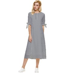 Small Soot Black And White Handpainted Houndstooth Check Watercolor Pattern Bow Sleeve Chiffon Midi Dress by PodArtist