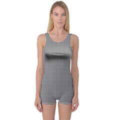 Soot Black And White Handpainted Houndstooth Check Watercolor Pattern One Piece Boyleg Swimsuit