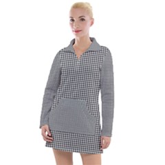 Soot Black And White Handpainted Houndstooth Check Watercolor Pattern Women s Long Sleeve Casual Dress by PodArtist