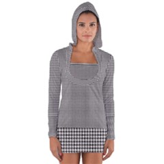 Soot Black And White Handpainted Houndstooth Check Watercolor Pattern Long Sleeve Hooded T-shirt