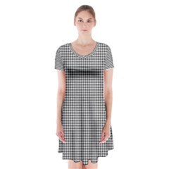 Soot Black And White Handpainted Houndstooth Check Watercolor Pattern Short Sleeve V-neck Flare Dress