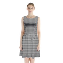 Soot Black And White Handpainted Houndstooth Check Watercolor Pattern Sleeveless Waist Tie Chiffon Dress