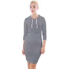 Soot Black And White Handpainted Houndstooth Check Watercolor Pattern Quarter Sleeve Hood Bodycon Dress by PodArtist