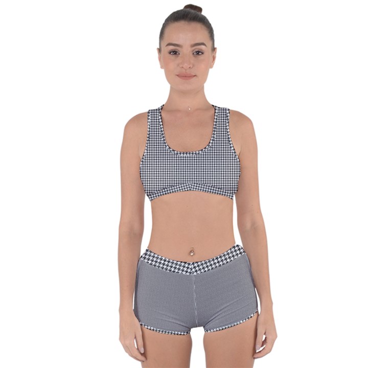 Soot Black and White Handpainted Houndstooth Check Watercolor Pattern Racerback Boyleg Bikini Set