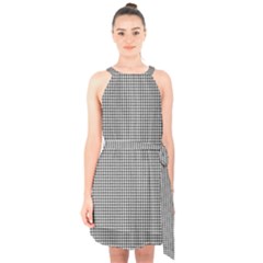 Soot Black And White Handpainted Houndstooth Check Watercolor Pattern Halter Collar Waist Tie Chiffon Dress by PodArtist