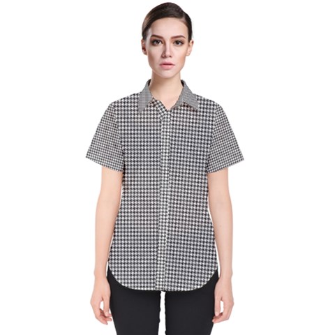 Soot Black And White Handpainted Houndstooth Check Watercolor Pattern Women s Short Sleeve Shirt by PodArtist