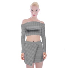 Soot Black And White Handpainted Houndstooth Check Watercolor Pattern Off Shoulder Top With Mini Skirt Set