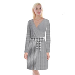 Soot Black And White Handpainted Houndstooth Check Watercolor Pattern Long Sleeve Velvet Front Wrap Dress