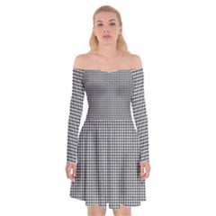 Soot Black And White Handpainted Houndstooth Check Watercolor Pattern Off Shoulder Skater Dress