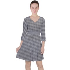 Soot Black And White Handpainted Houndstooth Check Watercolor Pattern Quarter Sleeve Ruffle Waist Dress