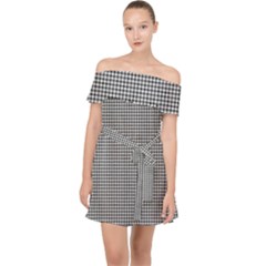 Soot Black And White Handpainted Houndstooth Check Watercolor Pattern Off Shoulder Chiffon Dress