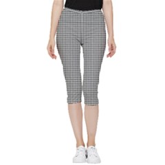 Soot Black And White Handpainted Houndstooth Check Watercolor Pattern Inside Out Lightweight Velour Capri Leggings  by PodArtist
